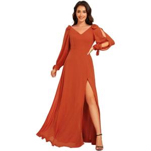 imageEverPretty Womens Elegant Double V Neck HollowedOut Long Sleeves High Waist Split Chiffon Formal Dress 80116Burnt Orange