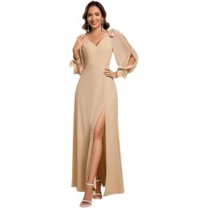 imageEverPretty Womens Elegant Double V Neck HollowedOut Long Sleeves High Waist Split Chiffon Formal Dress 80116Champagne