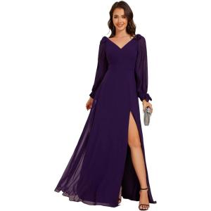imageEverPretty Womens Elegant Double V Neck HollowedOut Long Sleeves High Waist Split Chiffon Formal Dress 80116Dark Purple