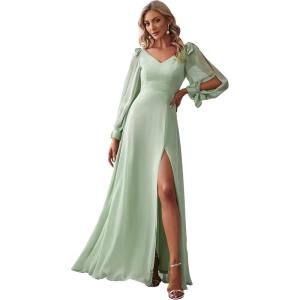 imageEverPretty Womens Elegant Double V Neck HollowedOut Long Sleeves High Waist Split Chiffon Formal Dress 80116Mint Green