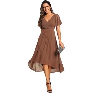 imageEverPretty Womens Summer Chiffon Pleated VNeck Short Wedding Guest Dress with Ruffled Sleeves 01923Brown