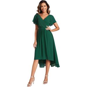 imageEverPretty Womens Summer Chiffon Pleated VNeck Short Wedding Guest Dress with Ruffled Sleeves 01923Deep Green