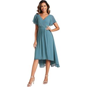 imageEverPretty Womens Summer Chiffon Pleated VNeck Short Wedding Guest Dress with Ruffled Sleeves 01923Dusty Blue