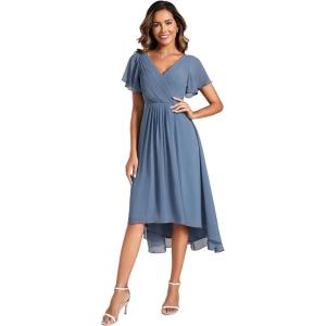 imageEverPretty Womens Summer Chiffon Pleated VNeck Short Wedding Guest Dress with Ruffled Sleeves 01923Dusty Navy