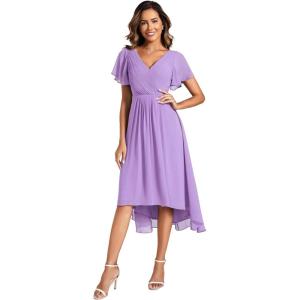 imageEverPretty Womens Summer Chiffon Pleated VNeck Short Wedding Guest Dress with Ruffled Sleeves 01923Lavender