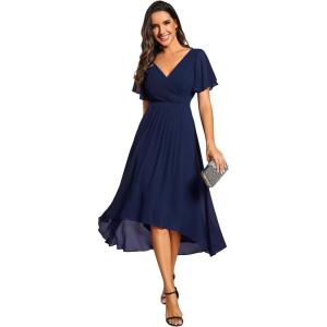 imageEverPretty Womens Summer Chiffon Pleated VNeck Short Wedding Guest Dress with Ruffled Sleeves 01923Navy Blue