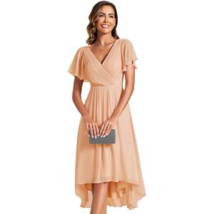 imageEverPretty Womens Summer Chiffon Pleated VNeck Short Wedding Guest Dress with Ruffled Sleeves 01923Peach