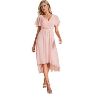 imageEverPretty Womens Summer Chiffon Pleated VNeck Short Wedding Guest Dress with Ruffled Sleeves 01923Pink