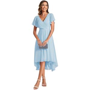imageEverPretty Womens Summer Chiffon Pleated VNeck Short Wedding Guest Dress with Ruffled Sleeves 01923Sky Blue