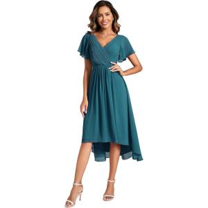 imageEverPretty Womens Summer Chiffon Pleated VNeck Short Wedding Guest Dress with Ruffled Sleeves 01923Teal