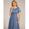 imageEverPretty Womens Summer Cold Shoulder HiLo Asymmetrical Hem Flowy Chiffon Short Wedding Guest Dress Navy Blue US4Dusty Blue