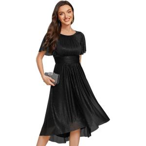 imageEverPretty Womens Summer Cold Shoulder HiLo Asymmetrical Hem Flowy Chiffon Short Wedding Guest Dress Navy Blue US4Black