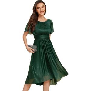 imageEverPretty Womens Summer Cold Shoulder HiLo Asymmetrical Hem Flowy Chiffon Short Wedding Guest Dress Navy Blue US4Dark Green
