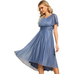 imageEverPretty Womens Summer Cold Shoulder HiLo Asymmetrical Hem Flowy Chiffon Short Wedding Guest Dress Navy Blue US4Dusty Blue