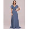 imageEverPretty Womens Classic Chiffon Short Sleeve Pleated VNeck Floor Length Bridesmaid Dresses 09890Dusty Navy