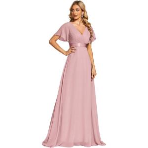 imageEverPretty Womens Classic Chiffon Short Sleeve Pleated VNeck Floor Length Bridesmaid Dresses 09890Dusty Rose
