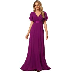 imageEverPretty Womens Classic Chiffon Short Sleeve Pleated VNeck Floor Length Bridesmaid Dresses 09890Fuchsia