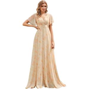 imageEverPretty Womens Classic Chiffon Short Sleeve Pleated VNeck Floor Length Bridesmaid Dresses 09890Golden Roses