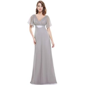 imageEverPretty Womens Classic Chiffon Short Sleeve Pleated VNeck Floor Length Bridesmaid Dresses 09890Grey