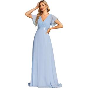 imageEverPretty Womens Classic Chiffon Short Sleeve Pleated VNeck Floor Length Bridesmaid Dresses 09890Ice Blue