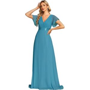 imageEverPretty Womens Classic Chiffon Short Sleeve Pleated VNeck Floor Length Bridesmaid Dresses 09890Jade Blue