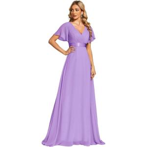 imageEverPretty Womens Classic Chiffon Short Sleeve Pleated VNeck Floor Length Bridesmaid Dresses 09890Lavender