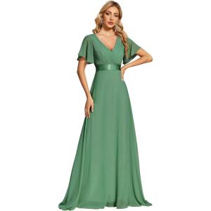 imageEverPretty Womens Classic Chiffon Short Sleeve Pleated VNeck Floor Length Bridesmaid Dresses 09890Light Green