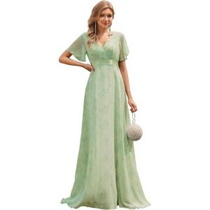 imageEverPretty Womens Classic Chiffon Short Sleeve Pleated VNeck Floor Length Bridesmaid Dresses 09890Light Green Roses