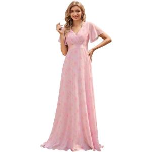 imageEverPretty Womens Classic Chiffon Short Sleeve Pleated VNeck Floor Length Bridesmaid Dresses 09890Light Purple Roses