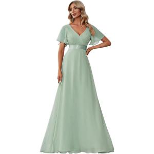 imageEverPretty Womens Classic Chiffon Short Sleeve Pleated VNeck Floor Length Bridesmaid Dresses 09890Mint Green