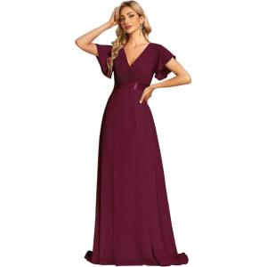 imageEverPretty Womens Classic Chiffon Short Sleeve Pleated VNeck Floor Length Bridesmaid Dresses 09890Mulberry