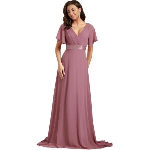 imageEverPretty Womens Classic Chiffon Short Sleeve Pleated VNeck Floor Length Bridesmaid Dresses 09890Purple Orchid