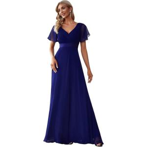 imageEverPretty Womens Classic Chiffon Short Sleeve Pleated VNeck Floor Length Bridesmaid Dresses 09890Royal Blue