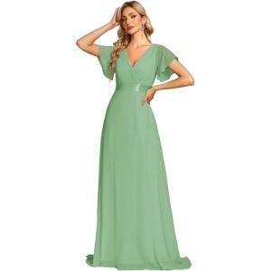 imageEverPretty Womens Classic Chiffon Short Sleeve Pleated VNeck Floor Length Bridesmaid Dresses 09890Sage Green