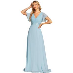 imageEverPretty Womens Classic Chiffon Short Sleeve Pleated VNeck Floor Length Bridesmaid Dresses 09890Sky Blue