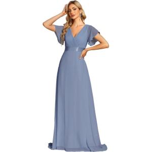 imageEverPretty Womens Classic Chiffon Short Sleeve Pleated VNeck Floor Length Bridesmaid Dresses 09890Slate Blue
