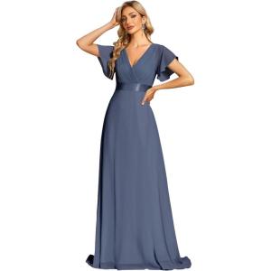 imageEverPretty Womens Classic Chiffon Short Sleeve Pleated VNeck Floor Length Bridesmaid Dresses 09890Stormy