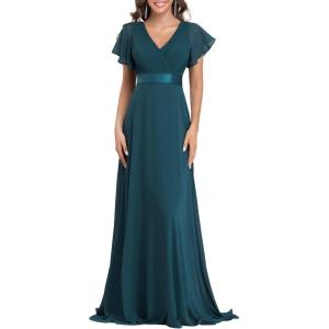 imageEverPretty Womens Classic Chiffon Short Sleeve Pleated VNeck Floor Length Bridesmaid Dresses 09890Teal
