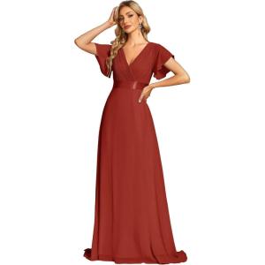 imageEverPretty Womens Classic Chiffon Short Sleeve Pleated VNeck Floor Length Bridesmaid Dresses 09890Vermilion
