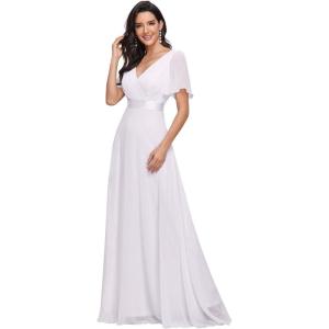 imageEverPretty Womens Classic Chiffon Short Sleeve Pleated VNeck Floor Length Bridesmaid Dresses 09890White