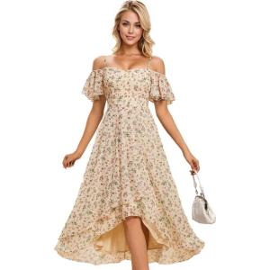 imageEverPretty Womens Summer Cold Shoulder HiLo Asymmetrical Hem Flowy Chiffon Short Wedding Guest Dress 02103Apricot Print
