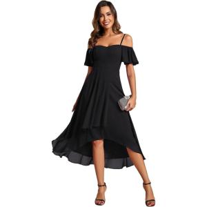 imageEverPretty Womens Summer Cold Shoulder HiLo Asymmetrical Hem Flowy Chiffon Short Wedding Guest Dress 02103Black