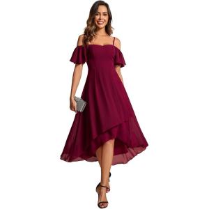imageEverPretty Womens Summer Cold Shoulder HiLo Asymmetrical Hem Flowy Chiffon Short Wedding Guest Dress 02103Burgundy