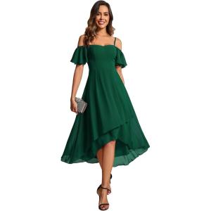 imageEverPretty Womens Summer Cold Shoulder HiLo Asymmetrical Hem Flowy Chiffon Short Wedding Guest Dress 02103Dark Green