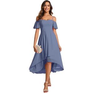 imageEverPretty Womens Summer Cold Shoulder HiLo Asymmetrical Hem Flowy Chiffon Short Wedding Guest Dress 02103Dusty Bule