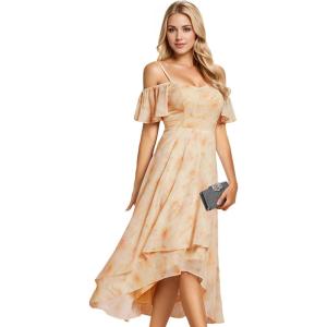 imageEverPretty Womens Summer Cold Shoulder HiLo Asymmetrical Hem Flowy Chiffon Short Wedding Guest Dress 02103Golden Roses