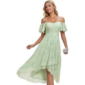 imageEverPretty Womens Summer Cold Shoulder HiLo Asymmetrical Hem Flowy Chiffon Short Wedding Guest Dress 02103Light Green Roses