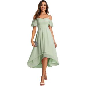 imageEverPretty Womens Summer Cold Shoulder HiLo Asymmetrical Hem Flowy Chiffon Short Wedding Guest Dress 02103Mint Green