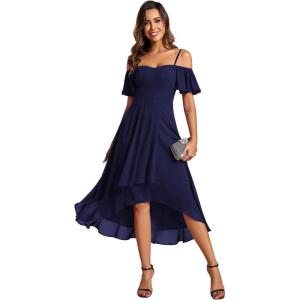 imageEverPretty Womens Summer Cold Shoulder HiLo Asymmetrical Hem Flowy Chiffon Short Wedding Guest Dress 02103Navy Blue
