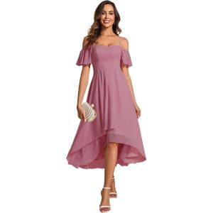 imageEverPretty Womens Summer Cold Shoulder HiLo Asymmetrical Hem Flowy Chiffon Short Wedding Guest Dress 02103Orchid